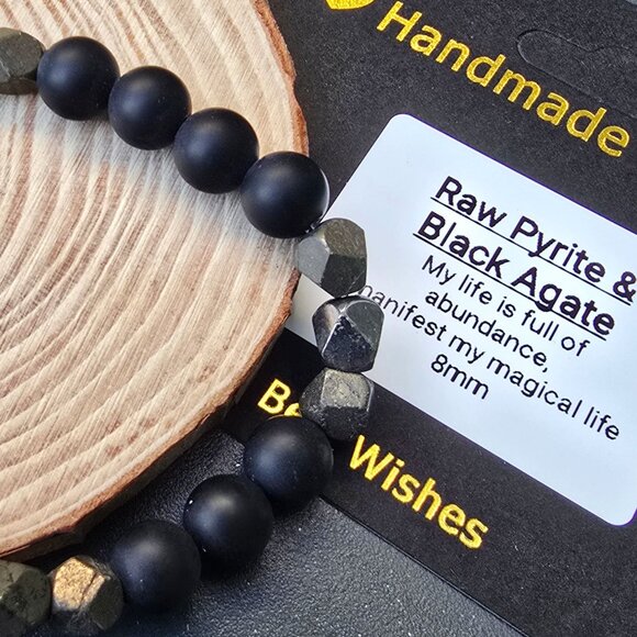 Handmade ✦ Raw Pyrite & Black Agate Bracelet ✦ 8mm Gemstone Beads Stretch Fit - Picture 3 of 8